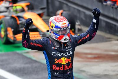 Max Verstappen celebrates after ending his 10-race winless streak